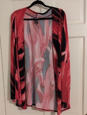 Maggie Barnes Pink Black Abstract Open Front Cardigan